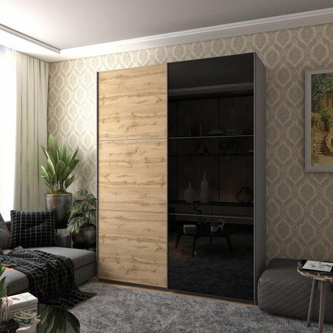 Шафа-купе двохдверна Doros G-Caiser 180х60х240 см Графіт/Дуб евок/1 Чорне скло (DRS-011228) DRS-011228 фото